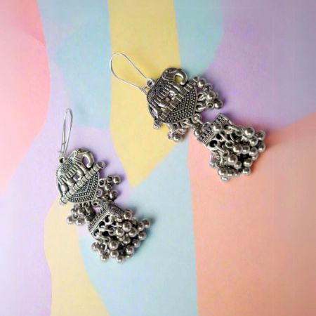 Elephant Design Silver Oxidised Earrings
